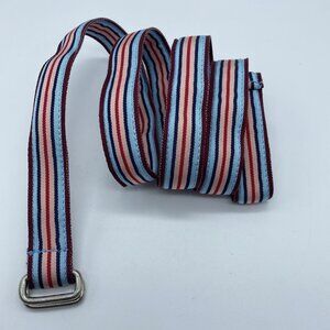 Maroon Blue Black Coral Red Striped D Ring Belt Women's Size L End to End 42"